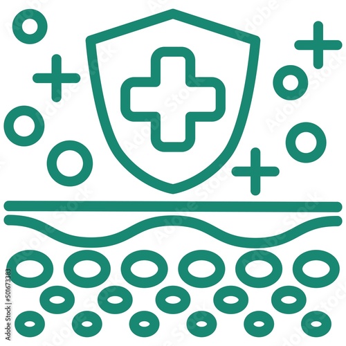Shield with a plus over human skin in a section. The concept of anti-aging care and skin regeneration. Turquoise vector linear icon, isolated on transparent background