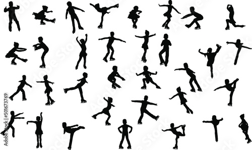 Silhouettes of little skaters performing on the ice. Set of silhouettes of children - figure skaters, isolated on a white background. Vector illustration.