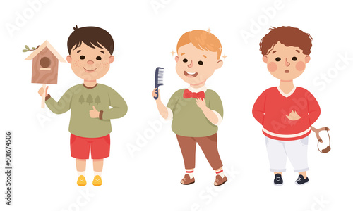Obedient and Naughty Boy with Nesting Box and Forked Stick Vector Set