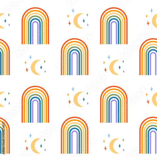 Seamless pattern with rainbow arch in groovy 70s style and moon with stars. Contemporary minimalist background in boho style. Mid century modern wall decor with LGBT symbol. Pride. Vector illustration