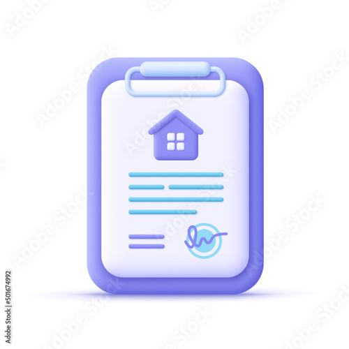 House real estate contract, rental agreement or lease contract. Rental and selling real estate. concept. 3d vector icon. Cartoon minimal style.