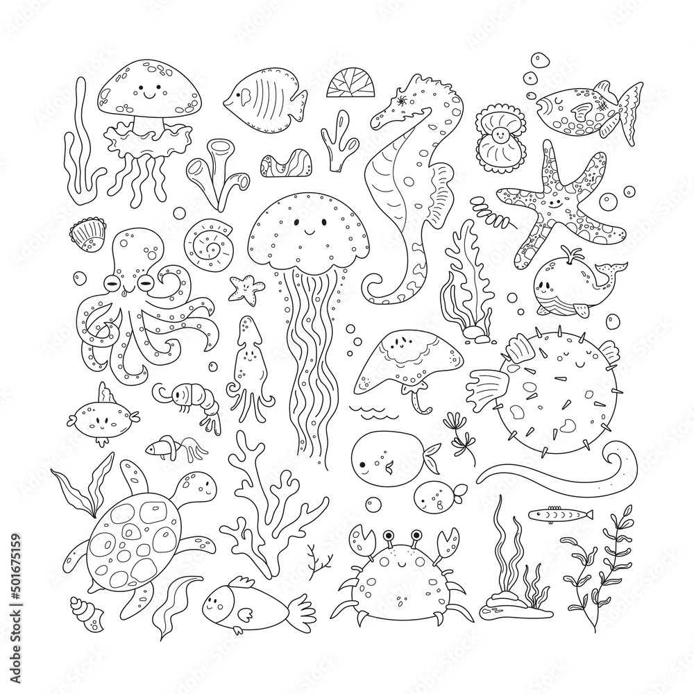 Cute sea creatures and underwater animals doodle set. Water turtle, whale, octopus, jellyfish, crab and fish. Marine life elements in sketch style. Outline vector illustration