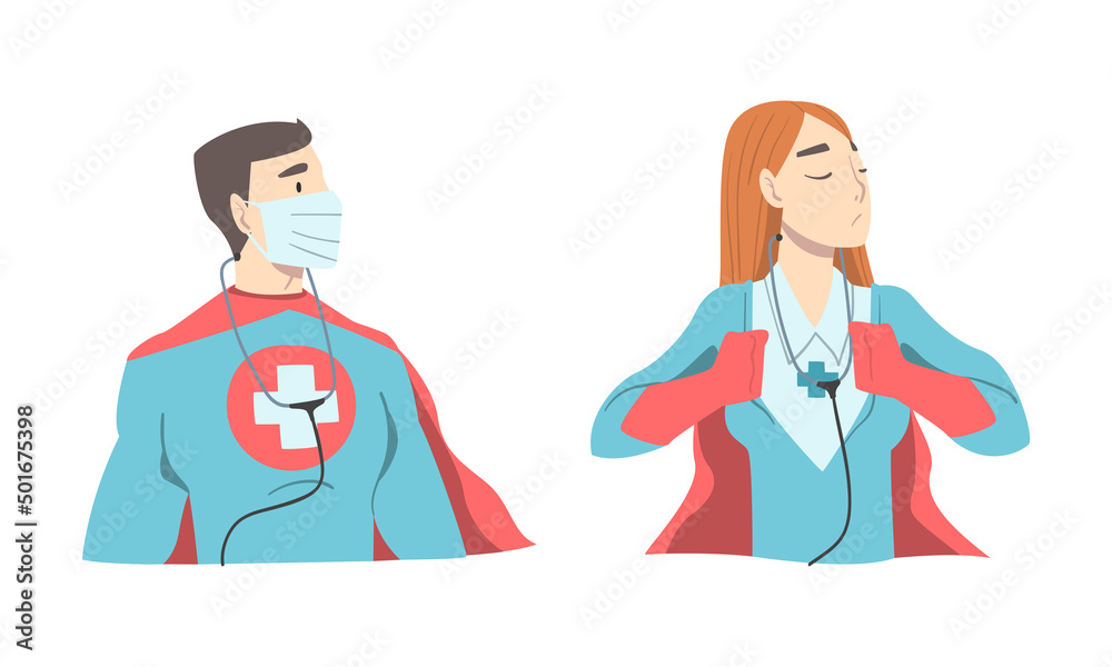 Doctor Hero with Male and Female Medical Staff in Uniform and Superhero Cloak Vector Set Doctor Hero with Male and Female Medical Staff in Uniform and Superhero Cloak Vector Set