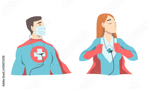 Doctor Hero with Male and Female Medical Staff in Uniform and Superhero Cloak Vector Set