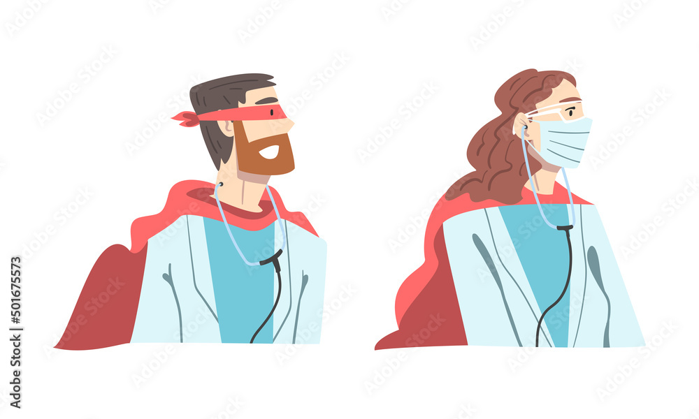 Doctor Hero with Male and Female Medical Staff in Uniform and Superhero Cloak Vector Set Doctor Hero with Male and Female Medical Staff in Uniform and Superhero Cloak Vector Set