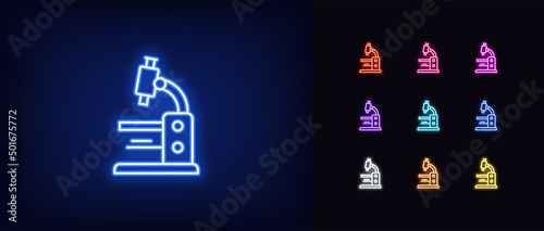 Outline neon microscope icon. Glowing neon microscope silhouette, scientific laboratory pictogram