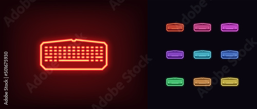 Outline neon gaming keyboard icon. Glowing neon wireless computer keyboard, game device pictogram. Cyber sport