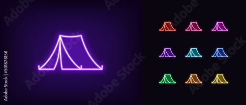 Outline neon camping tent icon. Glowing neon tent silhouette, camp pictogram. Camping shelter
