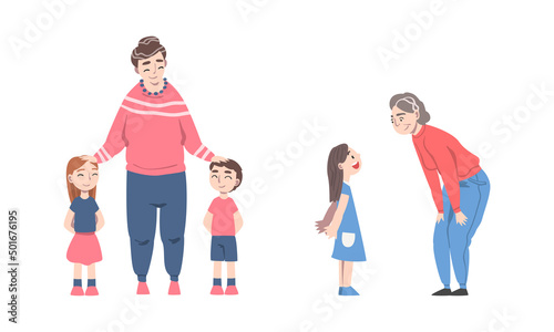 Grey Haired Granny Standing with Grandchildren Talking and Patting on the Head Vector Set