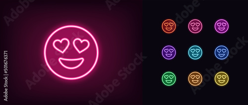 Outline neon love emoji icon. Glowing neon passionate emoticon with heart eyes, enamored face pictogram. Love feeling