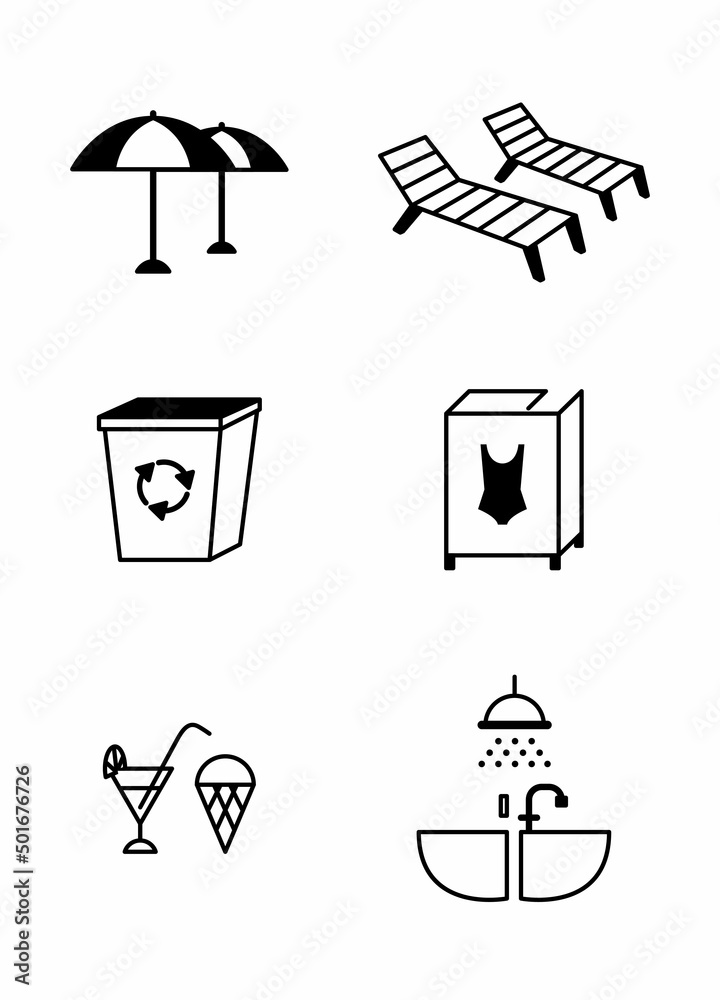 Beach service infographic. List of rendered services in pictures. Beach