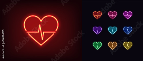 Outline neon heart beat icon. Glowing neon heartbeat sign, pulse wave pictogram. Heart healthcare