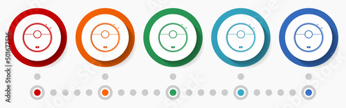 Vacuum cleaner concept vector icon set, infographic template, flat design circle colorful web buttons in 5 color options