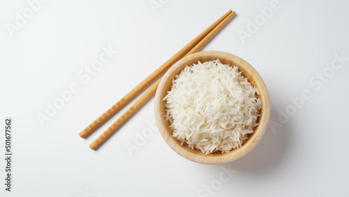 A bowl of perfectly cooked, plain Basmati rice, in an Asian style bowl
