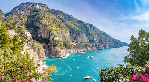 A view of the rocky coastline of the Amalfi Coast, Italy.