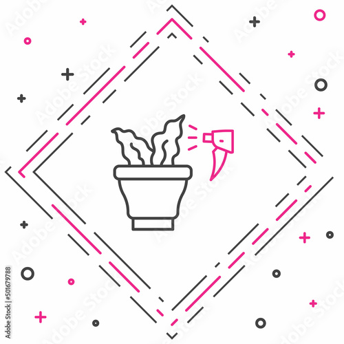Line Spraying a house plant with a spray gun icon isolated on white background. Moistening of foliage. Care for home flowers. Colorful outline concept. Vector