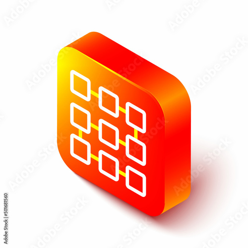 Isometric line NFT blockchain technology icon isolated on white background. Non fungible token. Digital crypto art concept. Orange square button. Vector