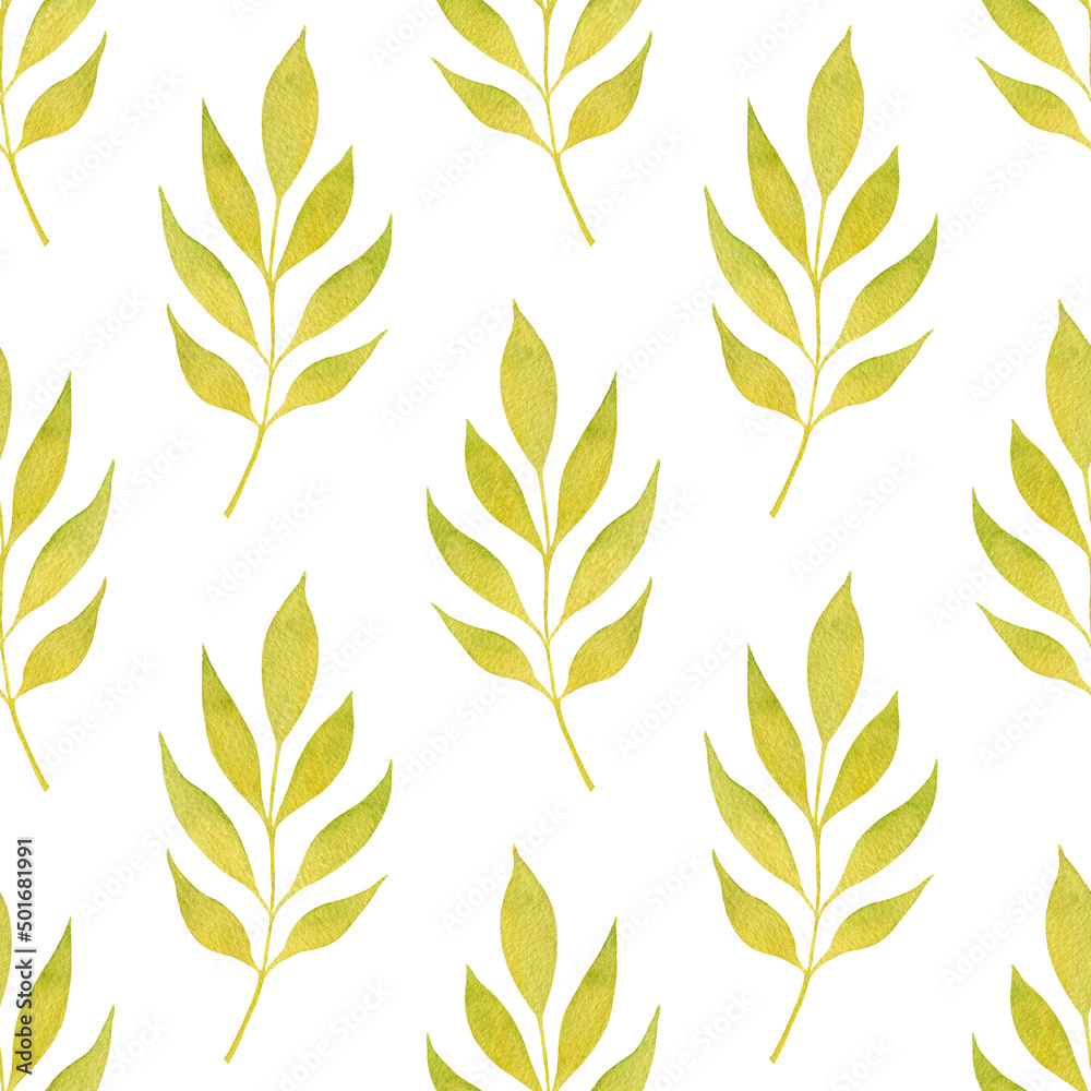 Green watercolor leaves isolated on a white background. Simple botanical seamless pattern. Hand-drawn foliage Green watercolor leaves isolated on a white background. Simple botanical seamless pattern. Hand-drawn foliage