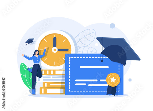 graduation hat, diploma and clock,Education concept,degree certificate, accomplishment