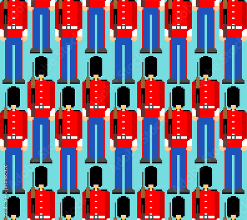 Beefeater British Royal Guardsman pixel art pattern seamless. 8 bit sentry grenadier in bear hat background. pixelated Vector texture