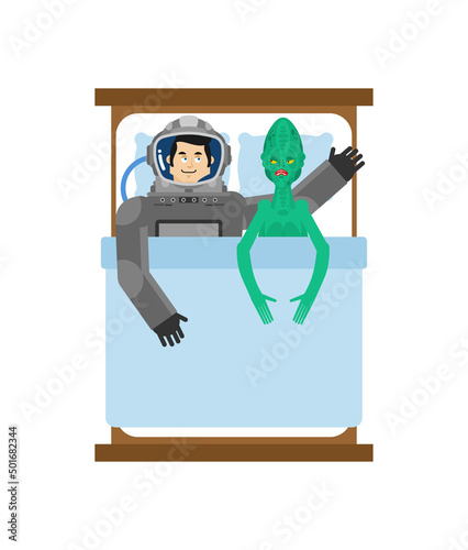 Astronaut and alien in bed after sex. concept of intergalactic sexual communication