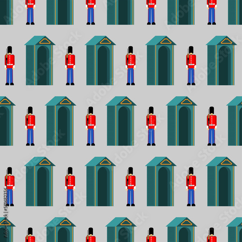 Beefeater British Royal Guardsman pattern seamless. sentry grenadier in bear hat background.