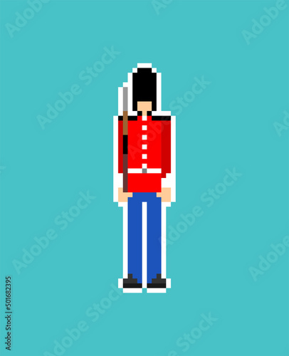 Beefeater British Royal Guardsman pixel art. 8 bit sentry grenadier in bear hat. pixelated Vector illustration
