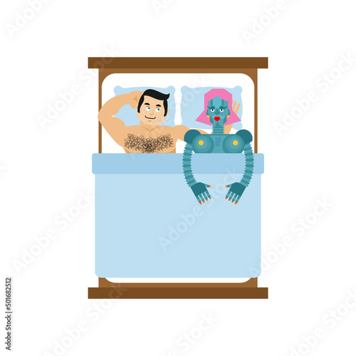 Sex robot woman. Cyborg for sex. In bed with robot. Sex of future. Man and robot in bed.