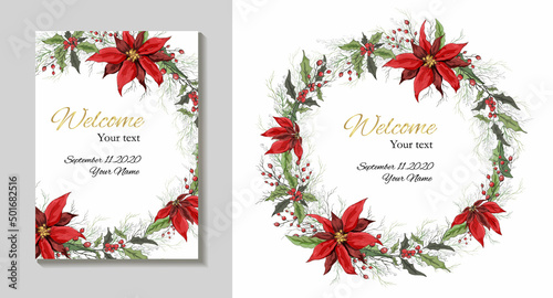 hand-drawn greeting card, an invitation made of flowers isolated on a white background. realistic Botanical bouquets,  of  flowers (poinsettia,  mistletoe, Holly). for postcard, holidays. vintage 