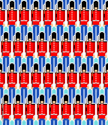 Beefeater British Royal Guardsman pixel art pattern seamless. 8 bit sentry grenadier in bear hat background. pixelated Vector texture