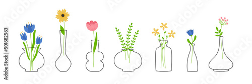 Set of line art vases with colorful flowers. Perfect for cards, decorations, logo.