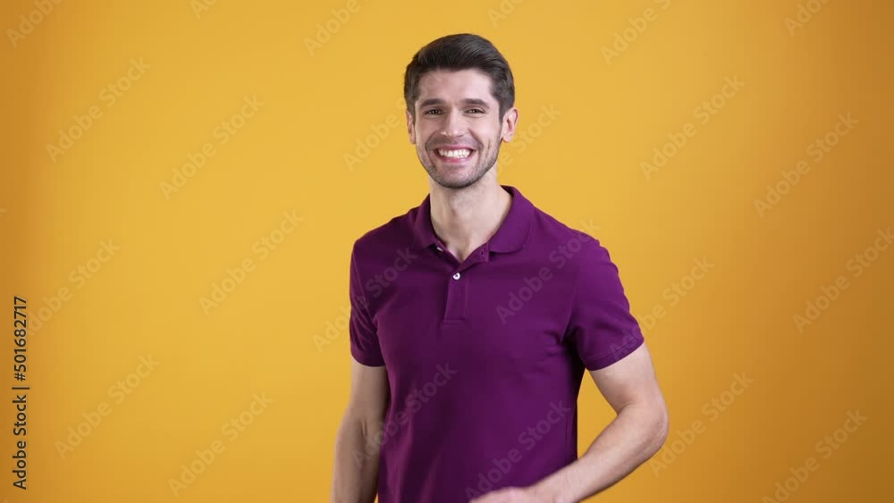 Promoter guy make okay symbol perfect ads isolated bright color background Promoter guy make okay symbol perfect ads isolated bright color background