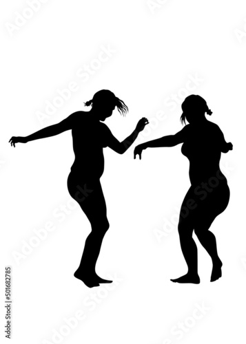 Beautiful girls in fashionable clothes dancing on white background