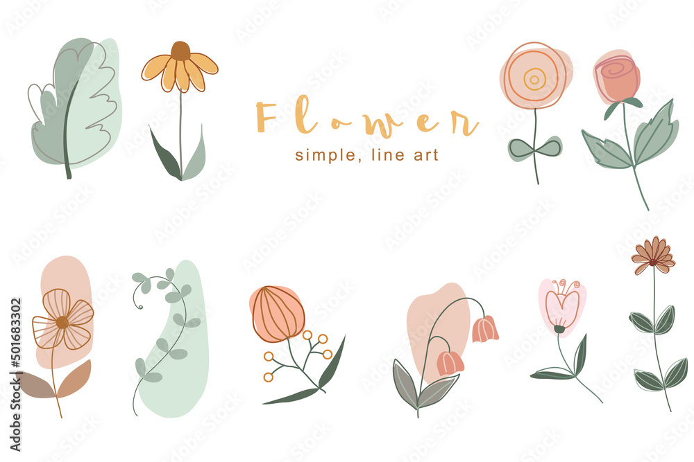 set of flowers and leaves. simple line art and boho shape. new set illustration for good moment. 