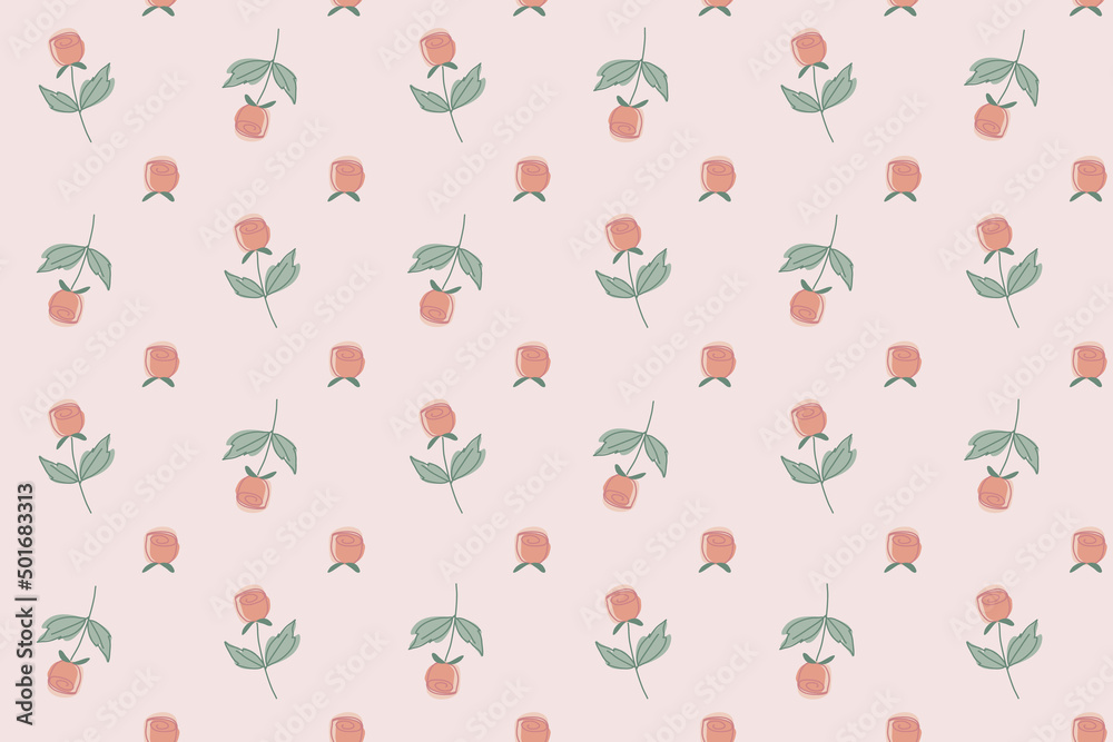 seamless pattern with rose on pastel pinkbackground. boho and simple line art concept. romantic love theme.