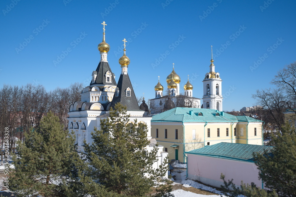 Dmitrov, Russia - March 18, 2022: Elizabethan Church and Assumption Cathedral in the Dmitrov Kremlin