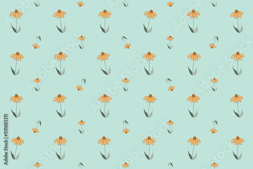 seamless pattern with yellow flowers on pastel green background. boho and simple line art concept.