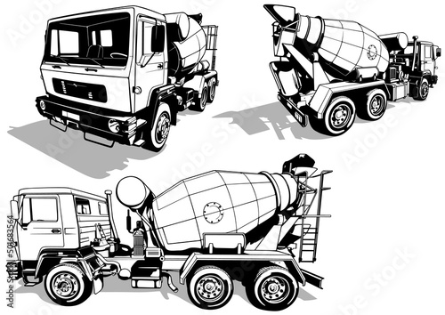 Set of Drawings with Concrete Mixer Truck from Different Views - Black Illustrations Isolated on White Background, Vector