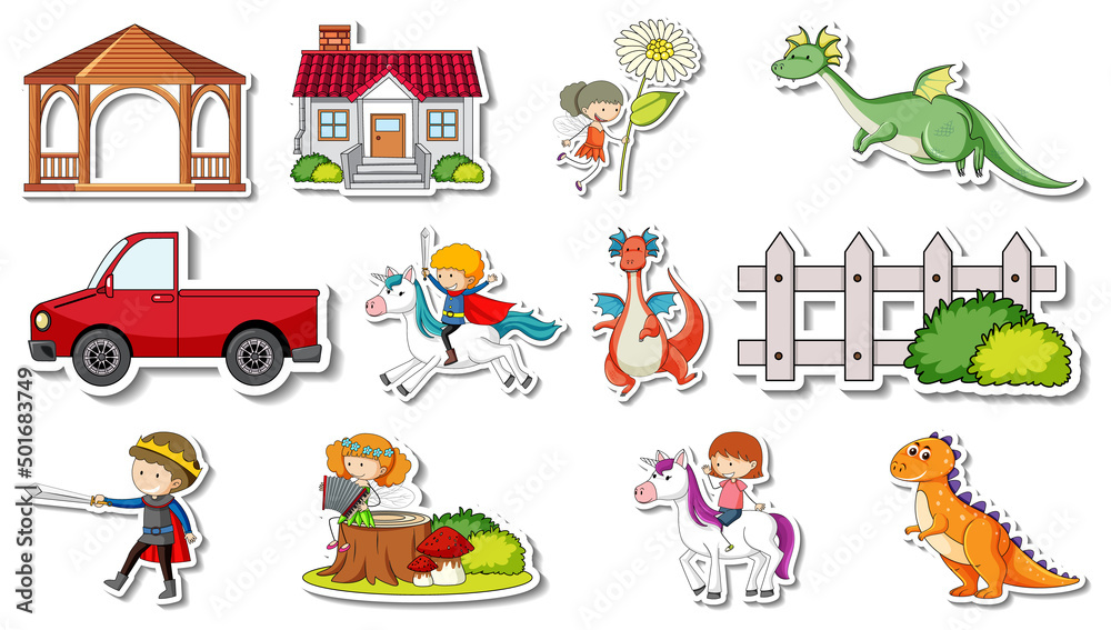Fototapeta premium Sticker set of fantasy fairy tale cartoon characters