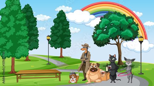 Set of different domestic animals in nature park