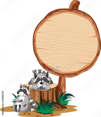 Raccoon with wooden sign banner