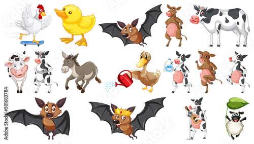 Many farm animals on white background
