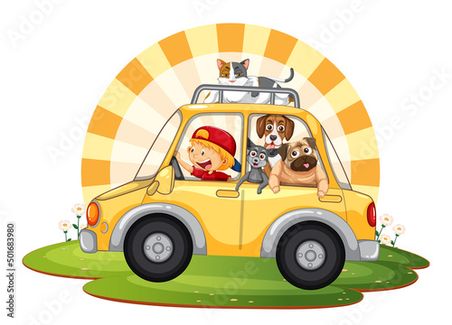 Road trip concept with domestic animals in a car