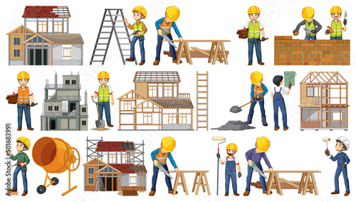 Set of construction site objects and workers