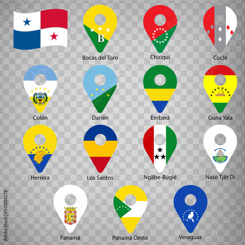 Fourteen flags the Provinces of Panama -  alphabetical order with name.  Set of 2d geolocation signs like flags Provinces of Panama. Fourteen one 2d geolocation signs for your design. EPS10 photo