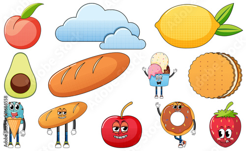 Set of facial expression with vintage style food cartoon on white background