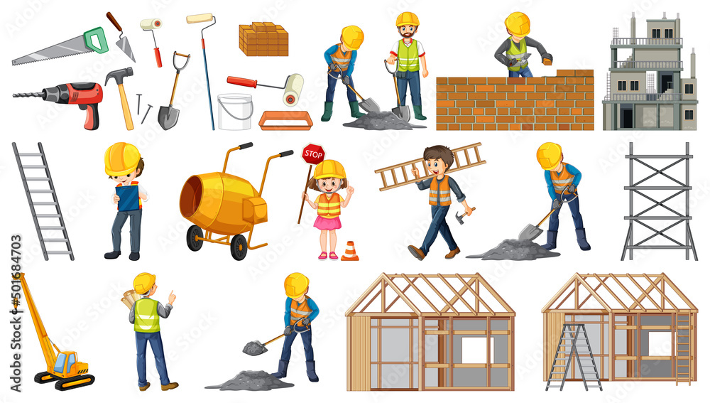 Naklejka premium Set of construction site objects and workers