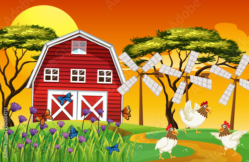 Farm scene with chickens and sunset