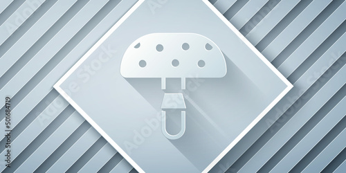 Paper cut Amanita muscaria or fly agaric hallucinogenic toadstool mushroom icon isolated on grey background. Spotted poisonous mushroom. Paper art style. Vector
