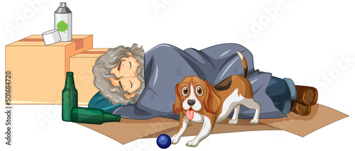 Homeless old man sleeping with a dog